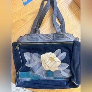 Elegant Navy Blue Floral Tote Bag suede magnolia pattern worn but mostly clean